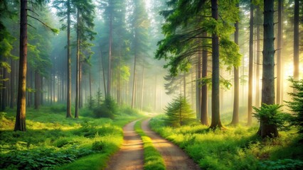 Obraz premium A serene forest landscape with a misty morning atmosphere and tall trees in the background