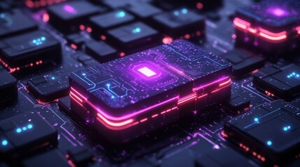 Fototapeta premium High-tech business card wallpaper with glowing digital circuits in neon purple and blue on black 