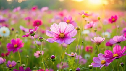 Obraz premium Endless rows of vibrant cosmos flowers swaying gently in the breeze amidst a lush green meadow, meadow scene, botanical garden