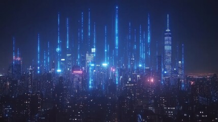 Futuristic Cityscape at Night with Digital Data Streams