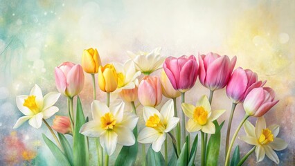 Obraz premium Delicate tulips and daffodils on a soft white paper background, with subtle watercolor textures and gentle color gradations, spring flowers, watercolor