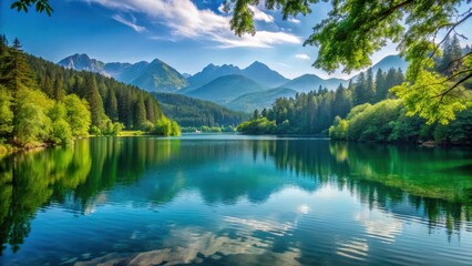 Fototapeta premium A serene lake surrounded by lush greenery and mountains in the distance, mountains, water, mountains, water, reflection