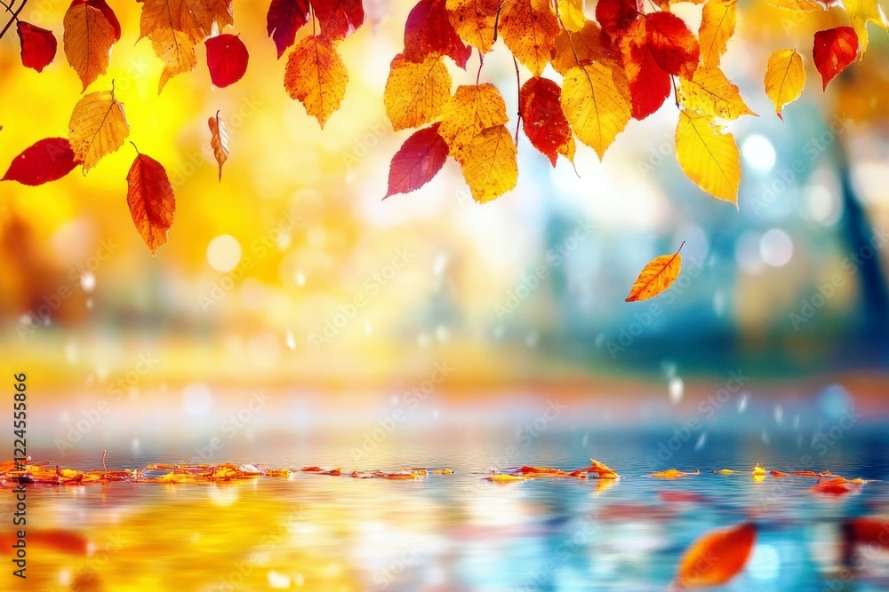 Poster vibrant autumn leaves floating on a calm water surface with soft bokeh and warm colors in a scenic n