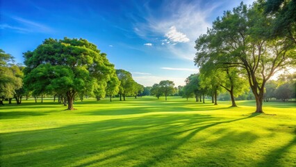 Serene green grass field in public park with few trees and clear blue sky, green grass, scenery,  green grass, scenery