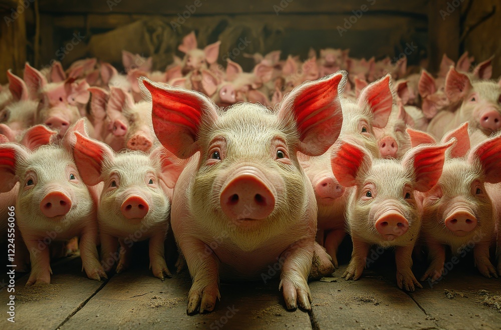 Poster a charming group of curious piglets gazing at the viewer with their bright eyes and distinctive ears