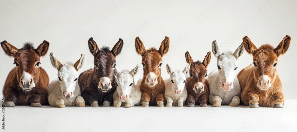 Poster a charming lineup of donkeys in various colors posed together on a simple background for a whimsical
