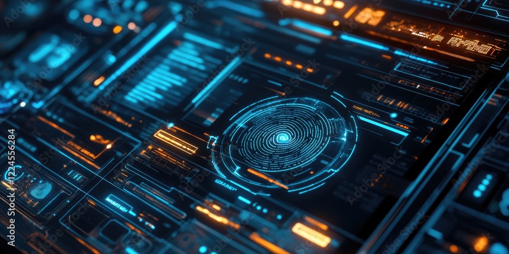 Fototapete futuristic digital processing of biometric identification fingerprint scanner. concept of surveillan