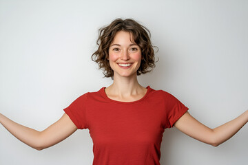 Fototapeta premium Smiling Woman Open Arms: A portrait of a young woman with curly brown hair, wearing a rust-colored t-shirt, smiles warmly with her arms outstretched, conveying a sense of openness and positivity. 