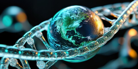 Global health and pandemic response a glowing dna strand wrapped around earth in a scientific environment