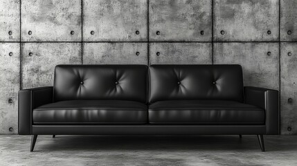 Modern Black Leather Sofa against Concrete Wall