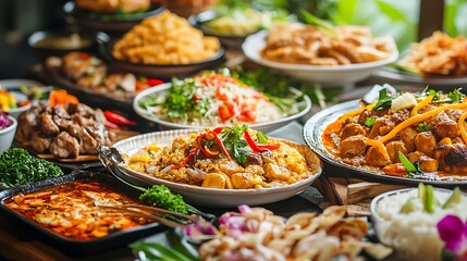 Abundant Asian Food Buffet Colorful Dishes of Rice, Noodles, Meat and Vegetables on Wooden Table