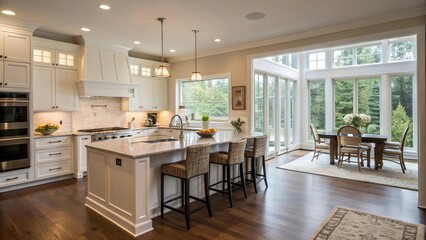 A Beautiful Dreamlike Clean Room with a Bright Kitchen, Fresh Fruits, and an Elegant Dining Table and Chair: A Perfect Haven of Comfort and Serenity.