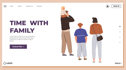 Family enjoying time together with father carrying child and mother standing nearby. Ideal for family values, bonding, love, parenting, lifestyle. Subtle background with a modern flat art style