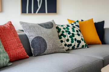 Cozy living room with colorful patterned cushions on a modern gray sofa, featuring minimalist art