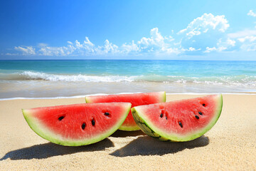 Refreshing watermelon slices on sandy beach with ocean waves and bright blue sky in background