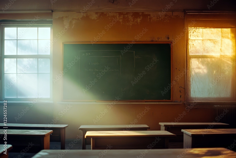 Poster sunlight illuminates an empty classroom with wooden desks and chalkboard, evoking a sense of learnin