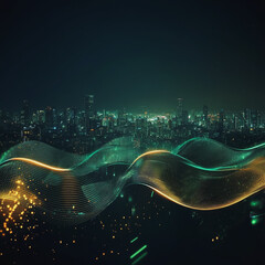 Abstract digital background electromagnetic wave background Innovation digital wave, information technology background and green luxury background with golden line decoration and curve light effect