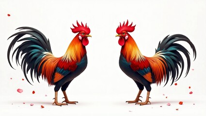 Fototapeta premium Vibrant rooster pairs in artistic display digital art wildlife studio setting front view colorful representation