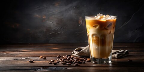 Coffee Liquid Filling Icy Glass on Dark Wooden Table, cold beverage, indoor scene,  cold beverage