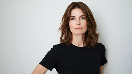 Obraz premium Confident and Composed: A stunning portrait of a mature woman with warm, captivating eyes, a serene expression, and a natural elegance, radiating strength and confidence in her black t-shirt.