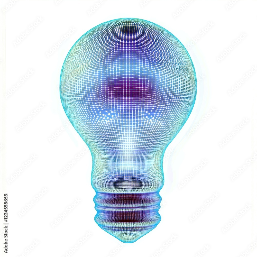 Poster abstract representation of a light bulb crafted with a mesh of glowing blue lines and geometric patt