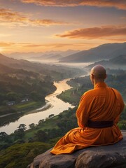 Buddhist monks practicing while looking at the beautiful scenery
