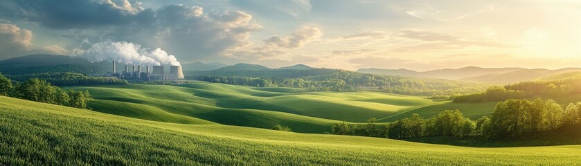 Obraz premium Stunning Green Landscape with Rolling Hills and Industrial Plant Under a Dramatic Sky at Sunrise
