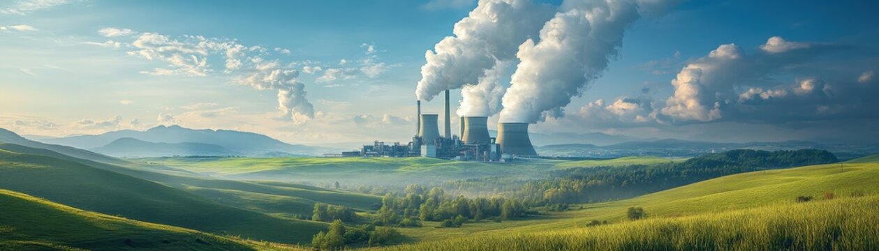Industrial Power Plant Emitting Smoke in Lush Green Landscape with Rolling Hills and Blue Sky