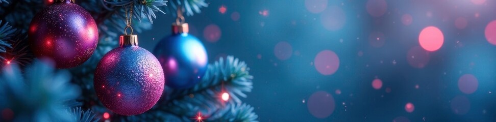 Sparkling blue and pink ornaments hanging from a Christmas tree, blue, pink