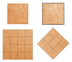 Top view of exterior isolated ceramic floor with terracotta effect effect. Non-slip reddish, brown and beige matte square terrace and porch tiles texture elements on transparent background.	