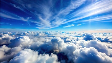 Fototapeta premium Aerial view of a vast blue sky with fluffy white clouds stretching into the distance, forming a serene and peaceful atmosphere , Clouds landscape, Blue sky background