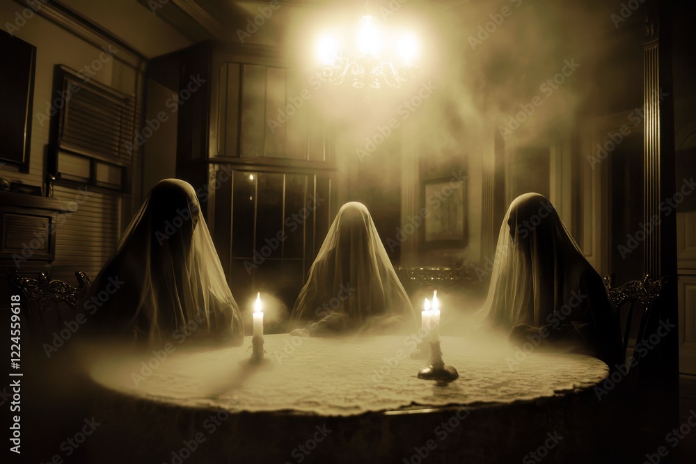 Poster mysterious figures with veils gather around a dimly lit table surrounded by fog and candlelight in a