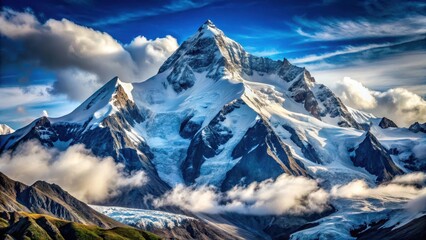 A rugged mountain peak with snow-capped summit and icy glaciers, set against a clear blue sky with fluffy white clouds