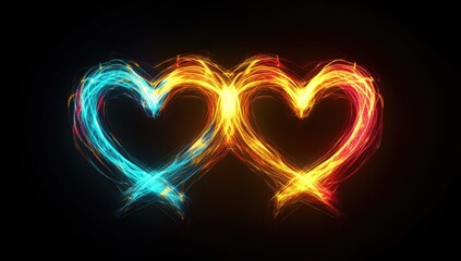 Heart-Shaped Fire with Two Fiery Glowing Neon Hearts on Black Background, Intertwined Love for Valentine's Day