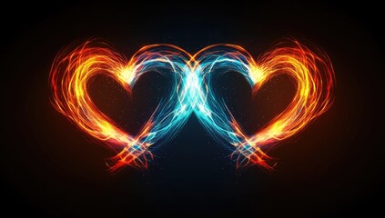 Heart-Shaped Fire with Two Fiery Glowing Neon Hearts on Black Background, Intertwined Love for Valentine's Day