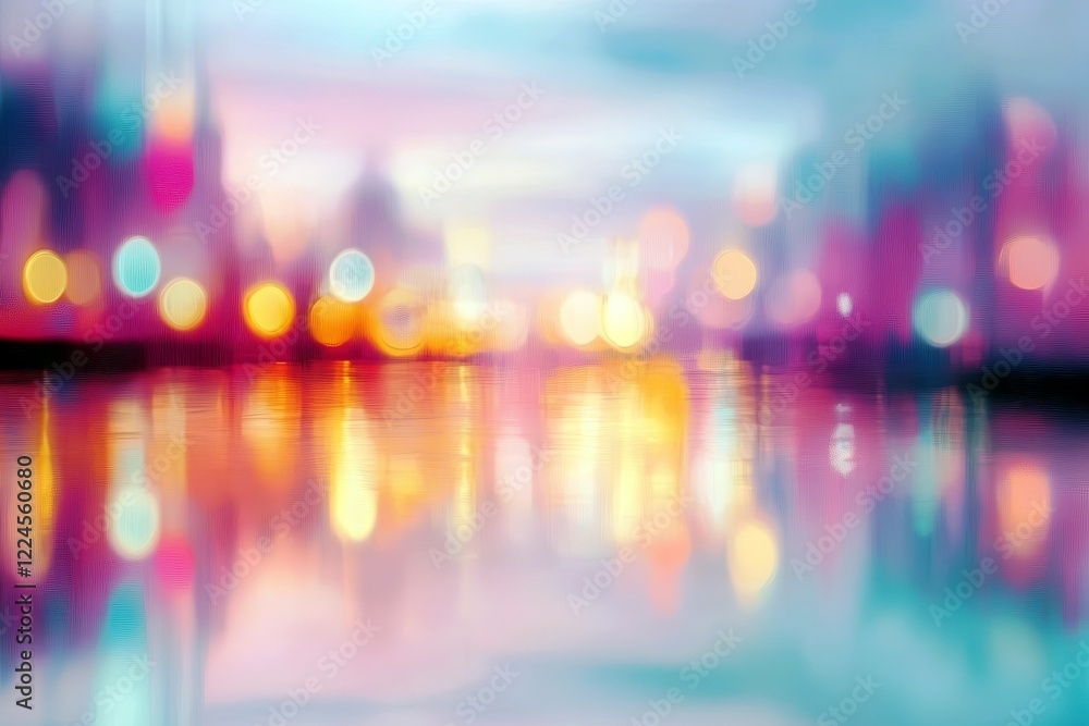 Poster abstract vibrant reflections in a dreamy cityscape with colorful bokeh lights sparkling in the water