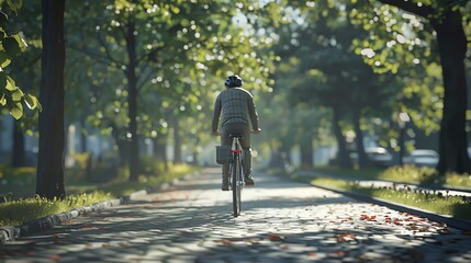 A cyclist rides through a tree-lined path in the morning sunlight.