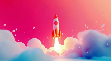 Colorful Cartoon Rocket Launching Above Clouds in a Vibrant Sky with Soft Lighting and Dreamy Atmosphere for Conceptual Design and Creativity