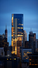 Naklejka premium Vibrant cityscape with Skyscrapers at night with lights in navy blue colors
