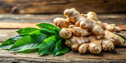 Freshly harvested ginger root with brown skin and white flesh , green, spices,  green, spices, vegetable