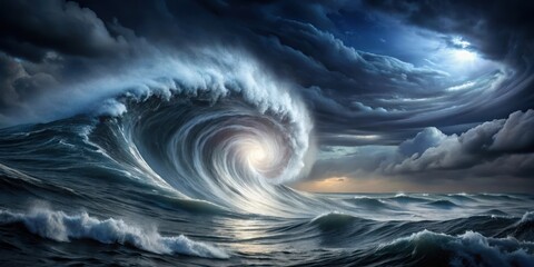Fototapeta premium Dark stormy night with hurricane , ocean waves, strong wind, ocean waves, strong wind, lightning
