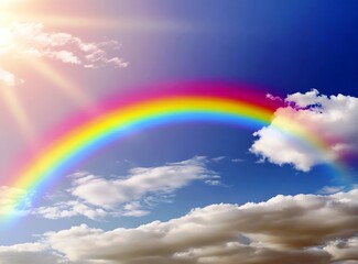 Stunning Rainbow Arching Across Bright Blue Sky with Fluffy Clouds and Brilliant Sunlight Streaming Through for Nature Photography Collection