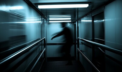 Blurred figure in dark, metallic hallway, motion blur, mystery, thriller concept