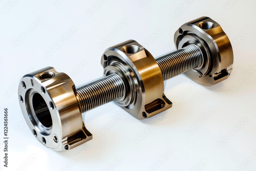 Poster detailed close-up of precision machined metal component with flanges and threading for industrial an