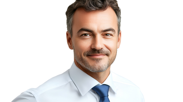 Confident and Approachable: A mature, professional man with a warm smile and a friendly demeanor looks directly at the camera, exuding confidence and approachability.