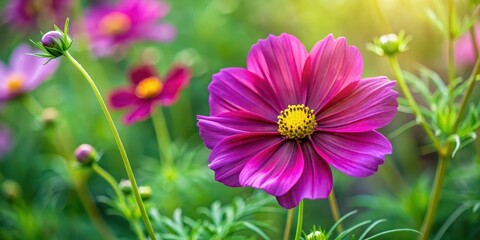 Obraz premium Delicate Cosmos flower blossom in a lush green garden with vibrant purple petals and yellow centers amidst tall stems and leafy foliage , garden, purple