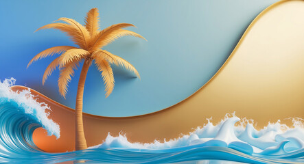 Obraz premium Tropical Beach Scene with Palm Trees and Ocean Waves - 3d Illustration.