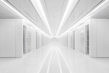 Sterile white server room corridor with bright lights and sleek cabinets.