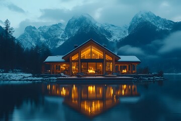 Fototapeta premium Cozy Winter Cabin Reflections by Mountain Lake at Dusk for Tranquil Poster