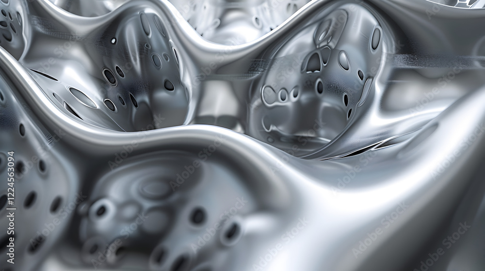Poster a close-up view of a metallic, abstract surface with smooth curves and perforated textures.
